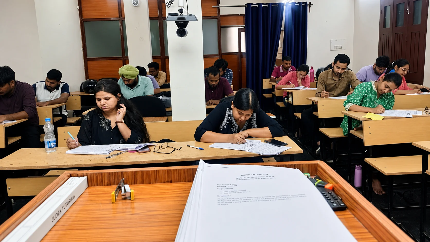 Judiciary aspirants writing tests in classroom at Judex Tutorials Patna